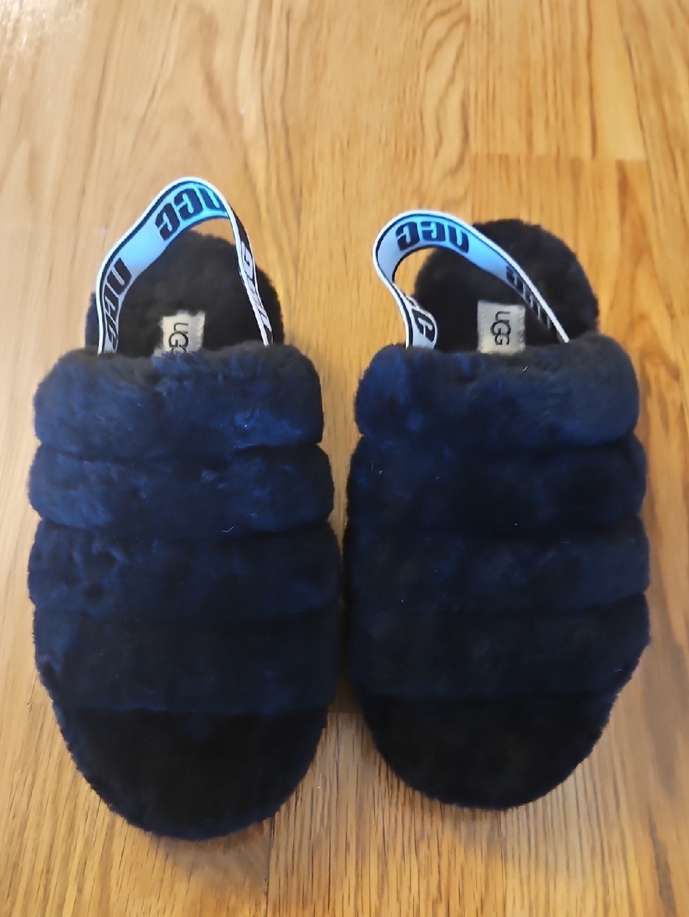 UGG Black Fluff Slides with Branded Heel Strap